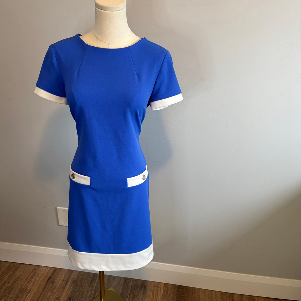 Tommy Hilfiger Women's Classic Scuba Crepe Two Pocket Blue Sheath Dress, SZ 4